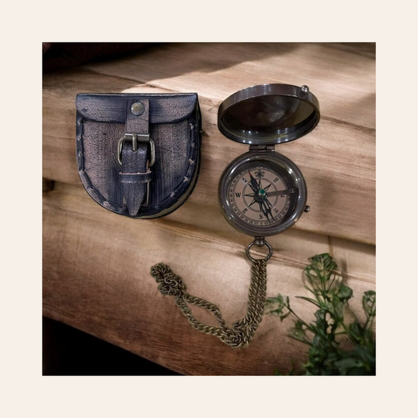 Handcrafted Brass Compass Explorer’s Essential with Chain & Leather Case – Personalizable