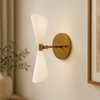 Mid-Century Modern Brass Wall Sconce: Double White Cone Light