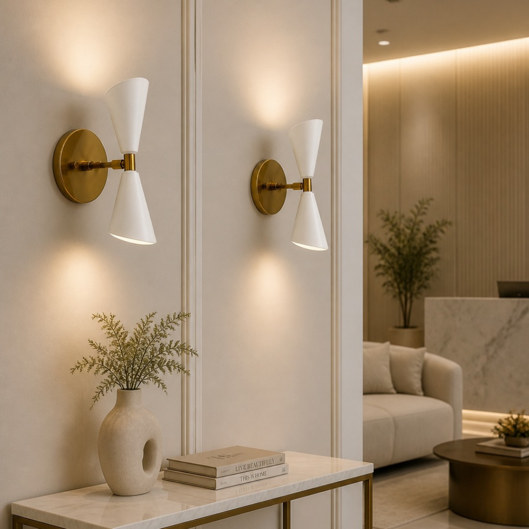 Mid-Century Modern Brass Wall Sconce: Double White Cone Light