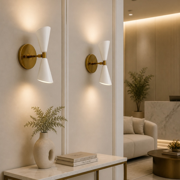 Mid-Century Modern Brass Wall Sconce: Double White Cone Light