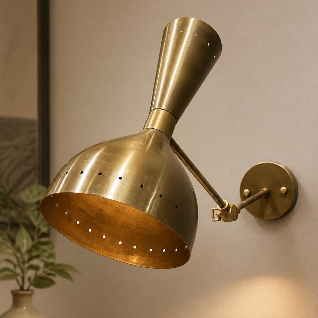 Mid Century Brass Wall Sconce, Adjustable Shade, Home Decor
