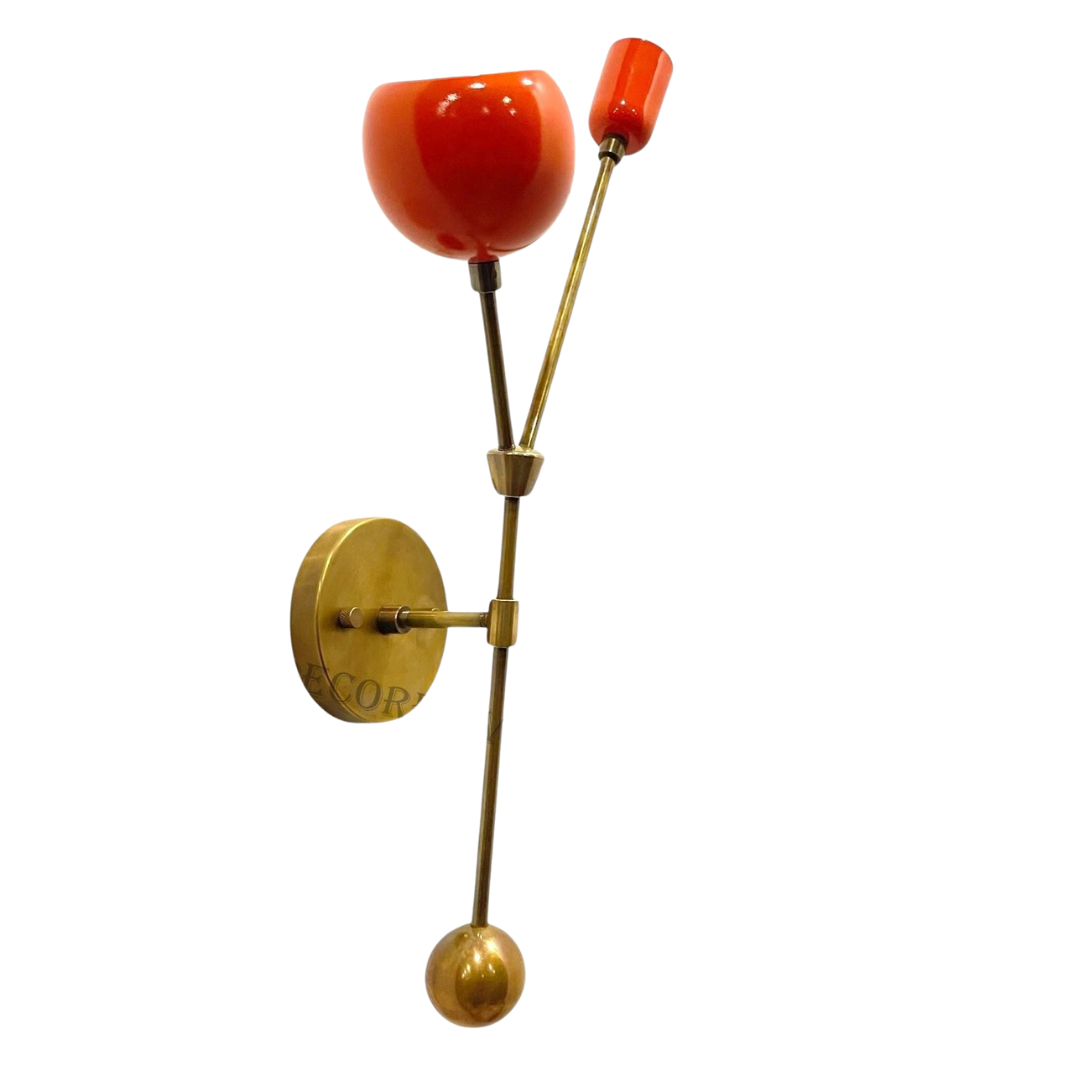 Mid-Century Modern Wall Sconce: Brass Arms, Orange Enamel Shades