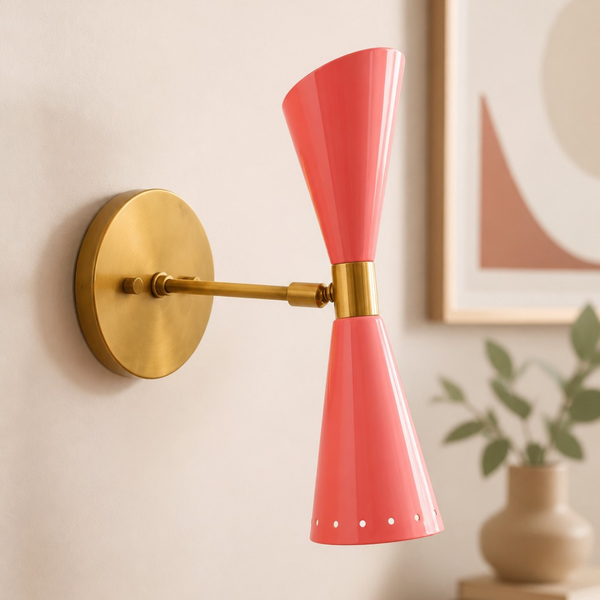 Mid Century Modern Brass Sconce, Dual White Shades, Adjustable Reading Lamp