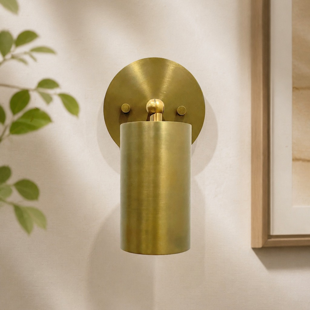 Mid Century Brass Wall Sconce: Italian Cylinder Lamp, Bedside Reading Light