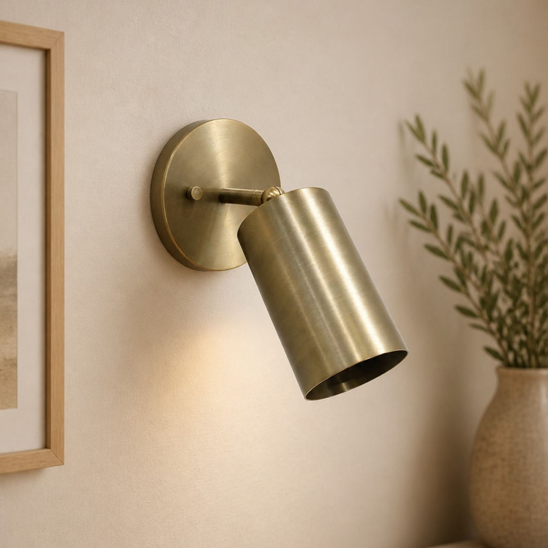 Mid Century Brass Wall Sconce: Italian Cylinder Lamp, Bedside Reading Light