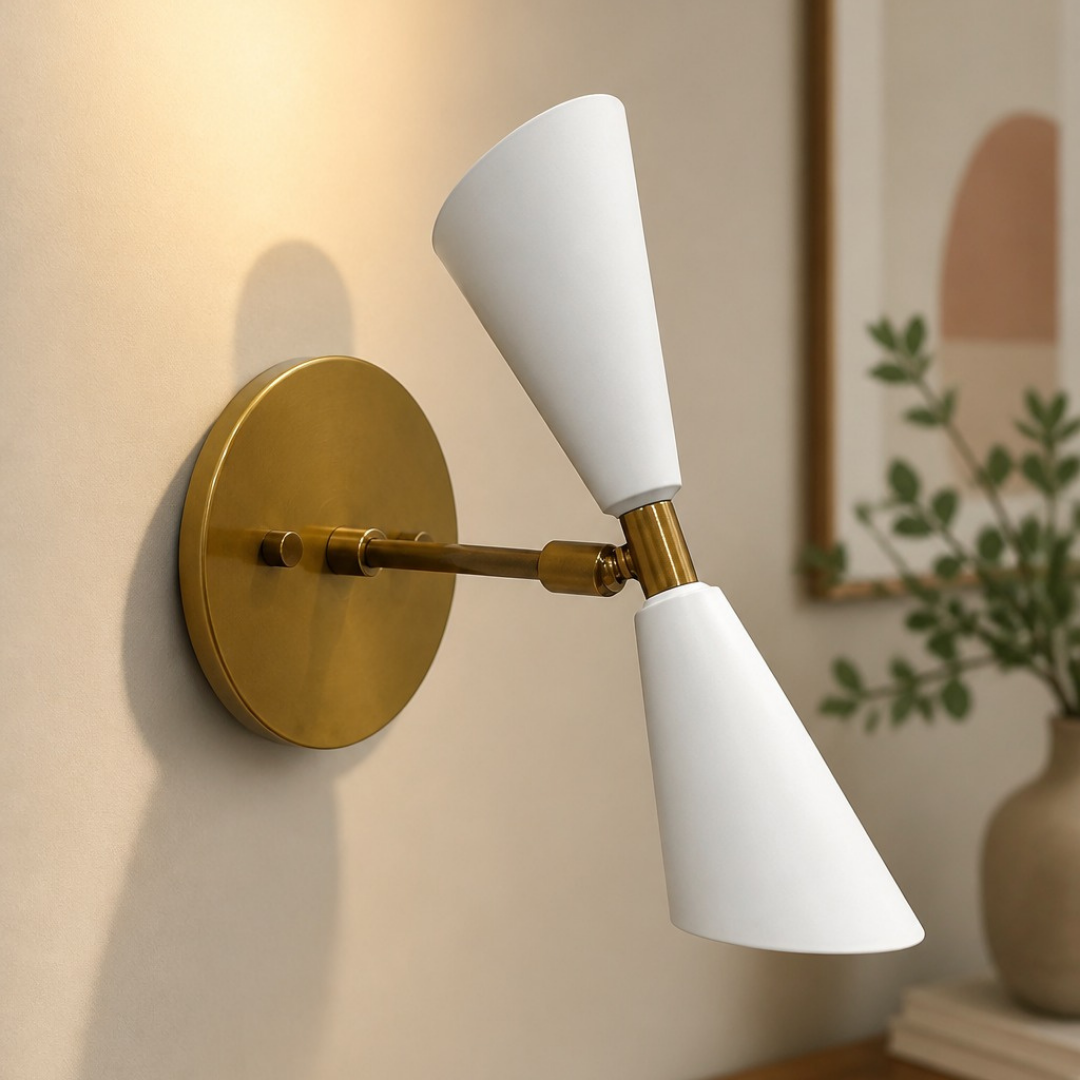 Mid-Century Modern Brass Wall Sconce: Double White Cone Light