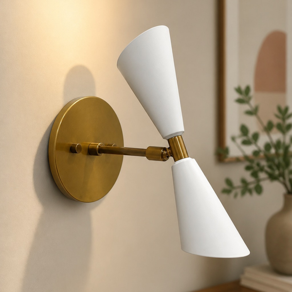 Mid-Century Modern Brass Wall Sconce: Double White Cone Light