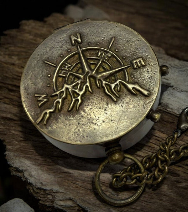 Handcrafted Brass Compass Explorer’s Essential with Chain & Leather Case – Personalizable