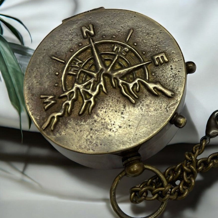 Handcrafted Brass Compass Explorer’s Essential with Chain & Leather Case – Personalizable
