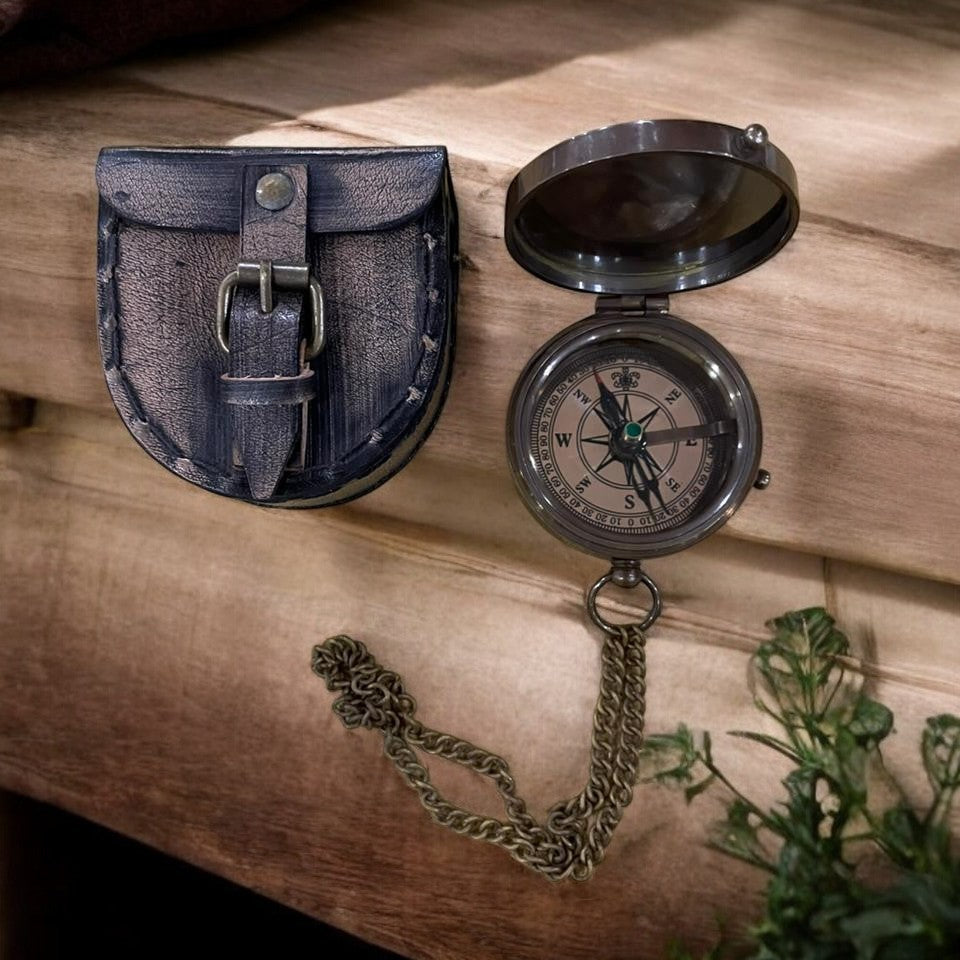 Handcrafted Brass Compass Explorer’s Essential with Chain & Leather Case – Personalizable