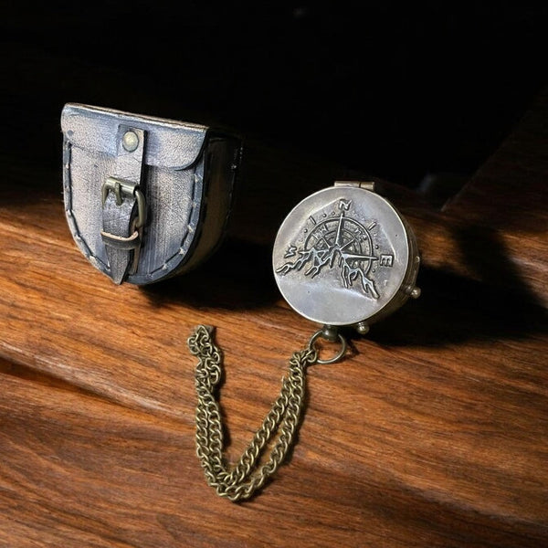 Handcrafted Brass Compass Explorer’s Essential with Chain & Leather Case – Personalizable