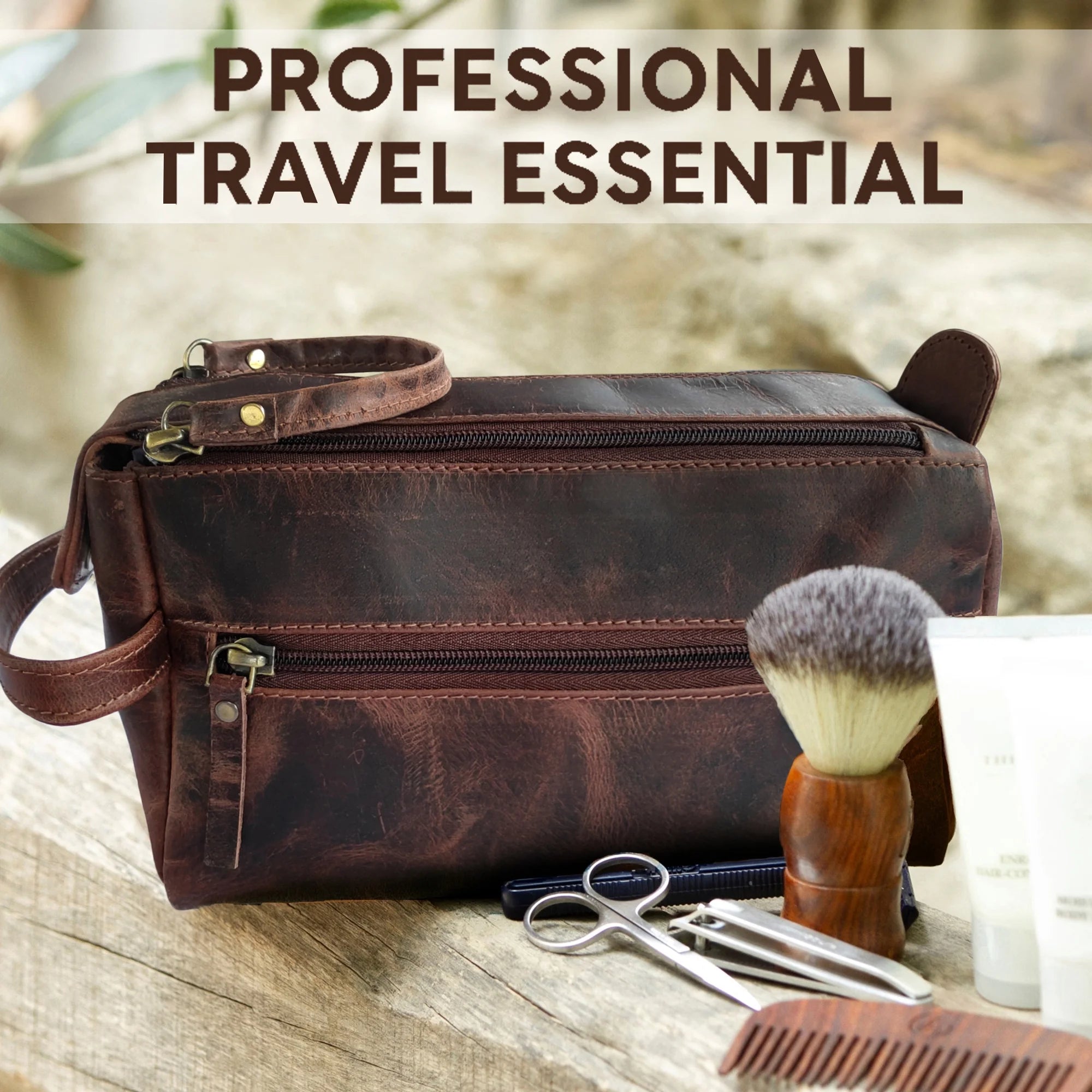 Leather Toiletry Bag for Men & Women - Shaving Dopp Kit Travel Case Cosmetic Makeup Wash Bag by