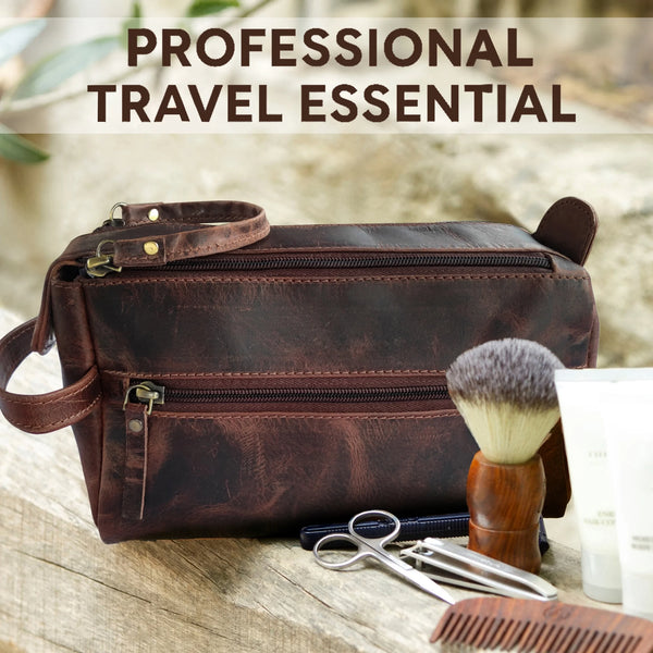 Leather Toiletry Bag for Men & Women - Shaving Dopp Kit Travel Case Cosmetic Makeup Wash Bag by
