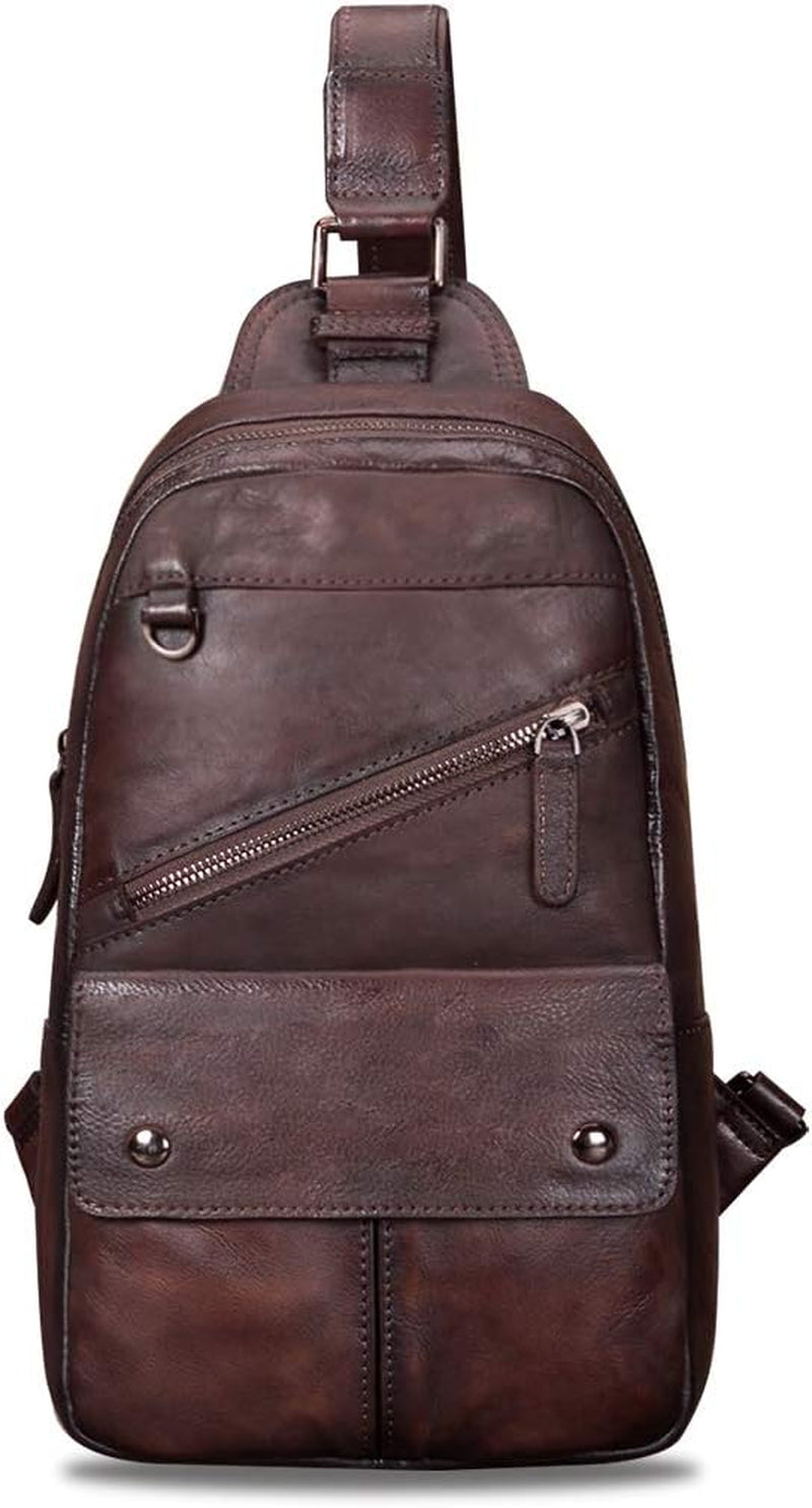 Genuine Leather Sling Bag for Men and Women Vintage Handmade Sling Backpack Shoulder Purse Crossbody Chest Bag (Coffee)