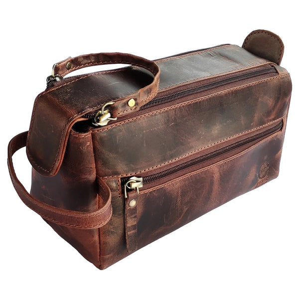 Leather Toiletry Bag for Men & Women - Shaving Dopp Kit Travel Case Cosmetic Makeup Wash Bag by