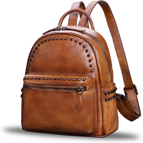 Genuine Leather Backpack for Women Vintage Real Leather Knapsack Purse Shoulder Rucksack Fashion Daypack Bag (Brown)