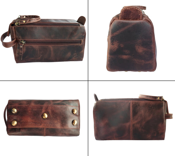 Leather Toiletry Bag for Men & Women - Shaving Dopp Kit Travel Case Cosmetic Makeup Wash Bag by