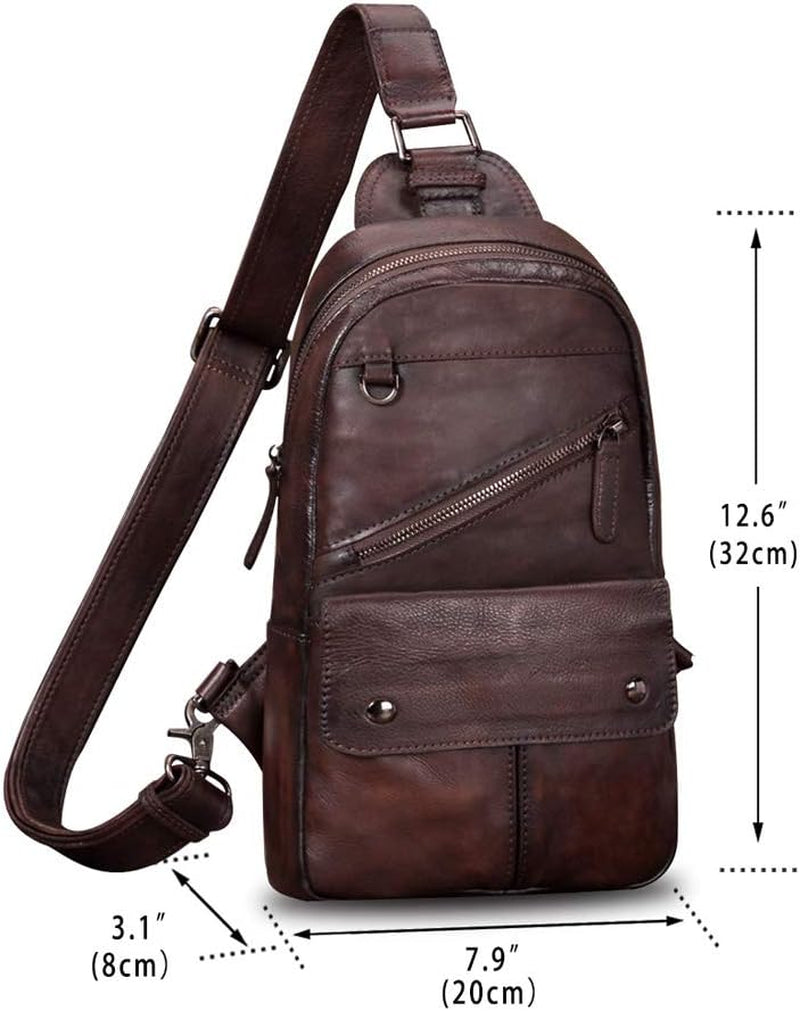 Genuine Leather Sling Bag for Men and Women Vintage Handmade Sling Backpack Shoulder Purse Crossbody Chest Bag (Coffee)