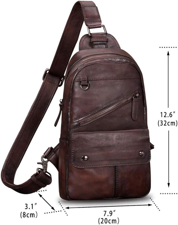 Genuine Leather Sling Bag for Men and Women Vintage Handmade Sling Backpack Shoulder Purse Crossbody Chest Bag (Coffee)