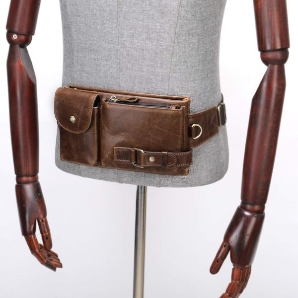 Cowhide Waist Fanny Pack-Genuine Leather and Slim with Adjustable Waistband Oil Coffee