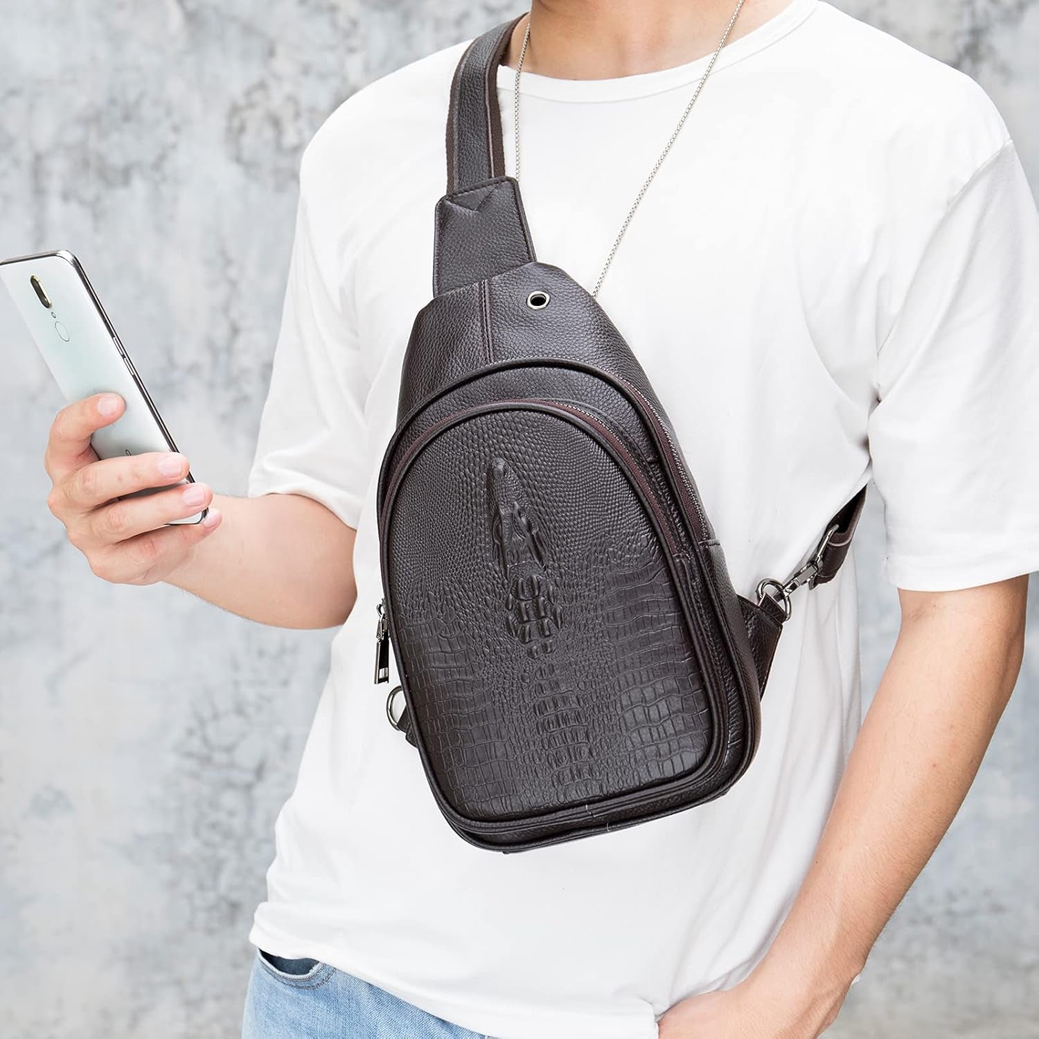 Crocodile Leather Sling Bag with Leather Strap, 3 Zipper Crossbody Shoulder Bags for Travel Hike Everyday Carry