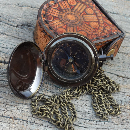 Compass Locket Sundial – Antique Brass Pendant with leather bag