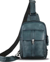 Genuine Leather Sling Bag Casual Shoulder Hiking Backpack Vintage Handmade Crossbody Bag Retro Chest Daypack (Navyblue)