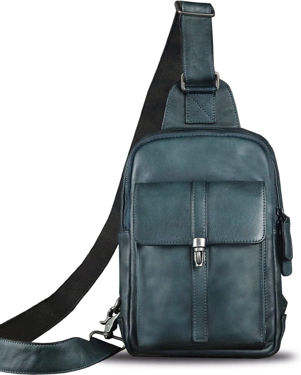 Genuine Leather Sling Bag Casual Shoulder Hiking Backpack Vintage Handmade Crossbody Bag Retro Chest Daypack (Navyblue)