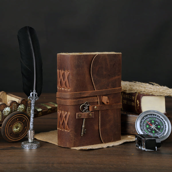 Leather Journal with Lined Deckle Edge Paper 8X6 Inch and Vintage Key/ Handmade Writing Notebook Diary/ Bound Daily Notepad for Men & Women Medium, Sketch/Writing Pad, Gift for Artists