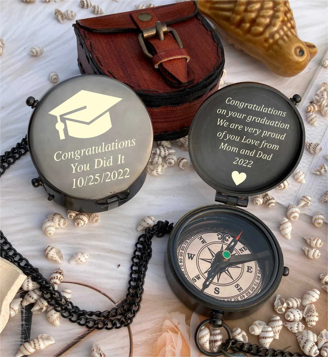 PERSONALIZED CHAIN COMPASS - CUSTOMIZABLE ENGRAVING GIFT WITH BAG