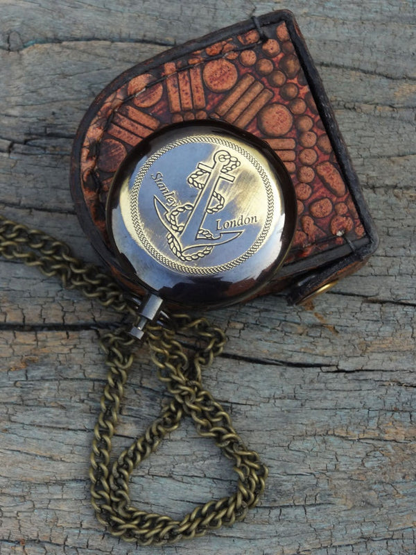 Compass Locket Sundial – Antique Brass Pendant with leather bag