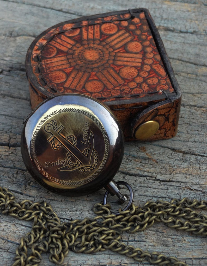 Compass Locket Sundial – Antique Brass Pendant with leather bag