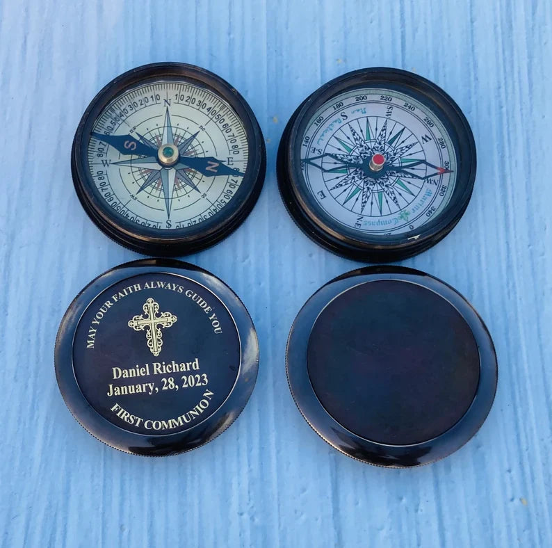 PERSONALIZED ANTIQUE STYLE COMPASS - CUSTOMIZABLE ENGRAVING GIFT WITH CASE