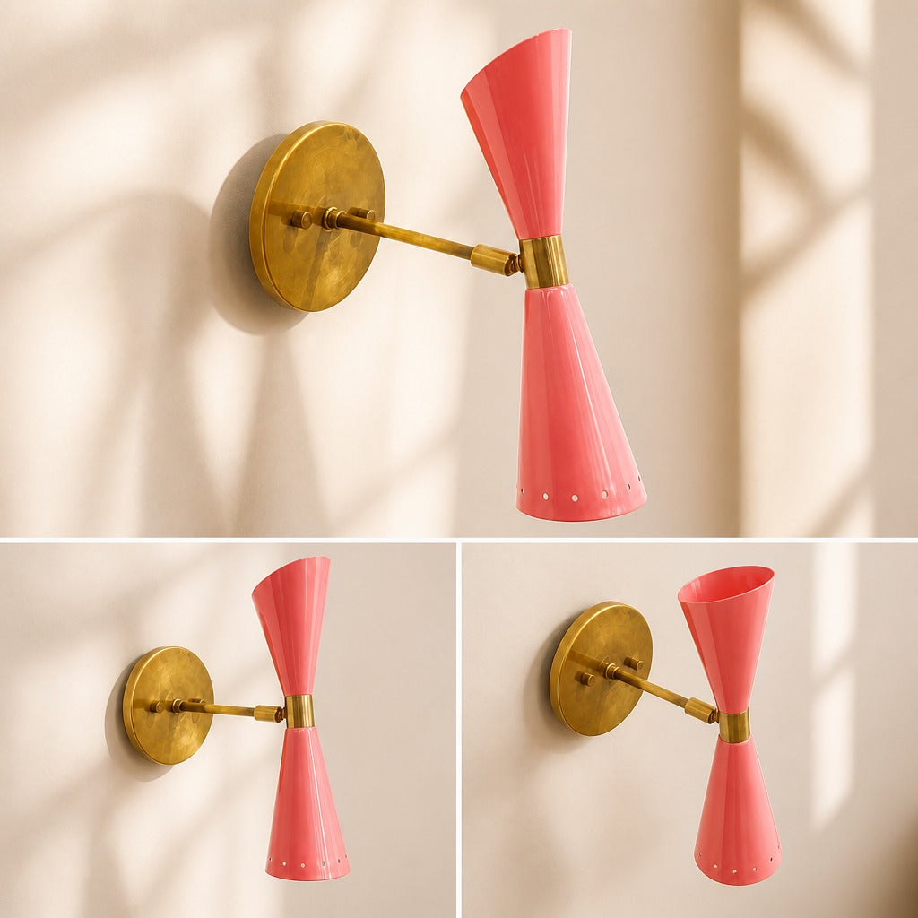 Mid Century Modern Brass Sconce, Dual White Shades, Adjustable Reading Lamp
