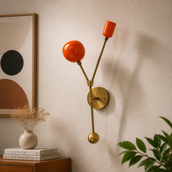 Mid-Century Modern Wall Sconce: Brass Arms, Orange Enamel Shades