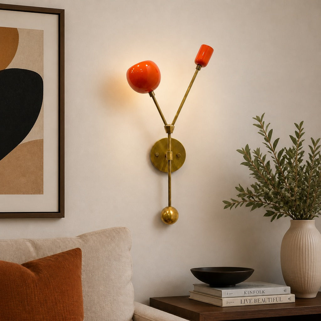 Mid-Century Modern Wall Sconce: Brass Arms, Orange Enamel Shades