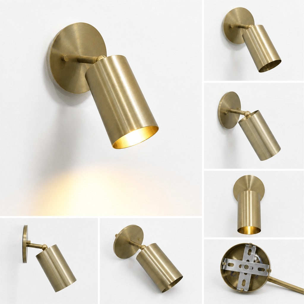 Mid Century Brass Wall Sconce: Italian Cylinder Lamp, Bedside Reading Light