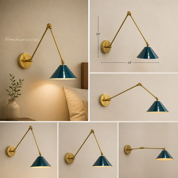 Mid Century Brass Swing Arm Wall Lamp - Adjustable Cone Lamp Light