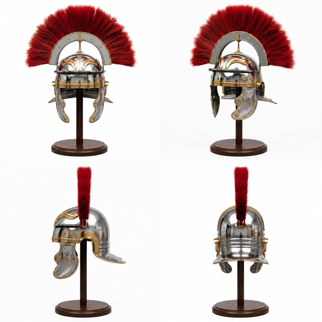 Roman Centurion Helmet Replica Handcrafted –18 Gauge Steel Helmet with Red Plume with Free Wooden Stand