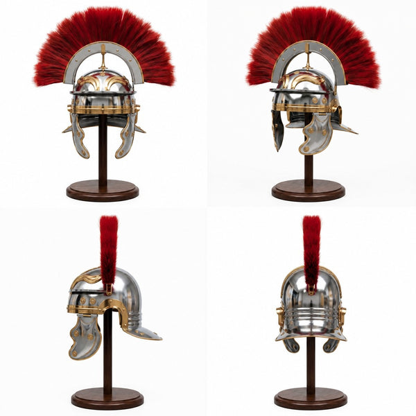 Roman Centurion Helmet Replica Handcrafted –18 Gauge Steel Helmet with Red Plume with Free Wooden Stand