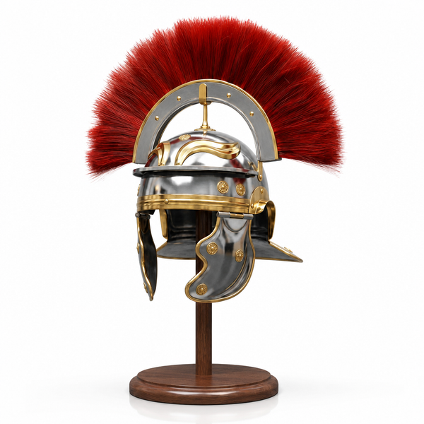 Roman Centurion Helmet Replica Handcrafted –18 Gauge Steel Helmet with Red Plume with Free Wooden Stand