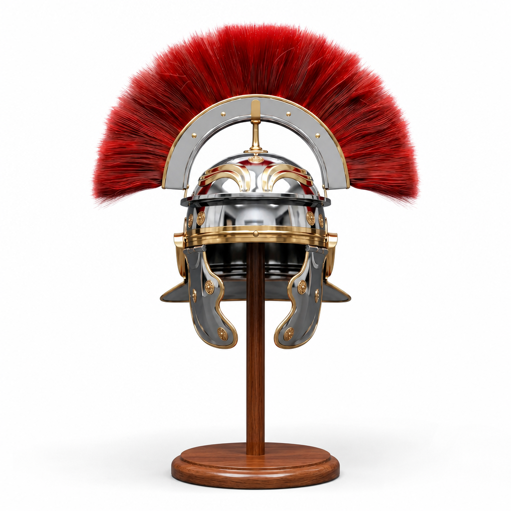Roman Centurion Helmet Replica Handcrafted –18 Gauge Steel Helmet with Red Plume with Free Wooden Stand