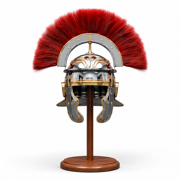 Roman Centurion Helmet Replica Handcrafted –18 Gauge Steel Helmet with Red Plume with Free Wooden Stand