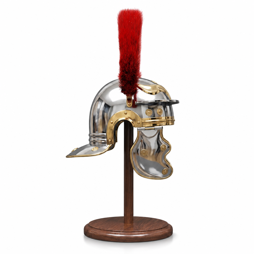 Roman Centurion Helmet Replica Handcrafted –18 Gauge Steel Helmet with Red Plume with Free Wooden Stand