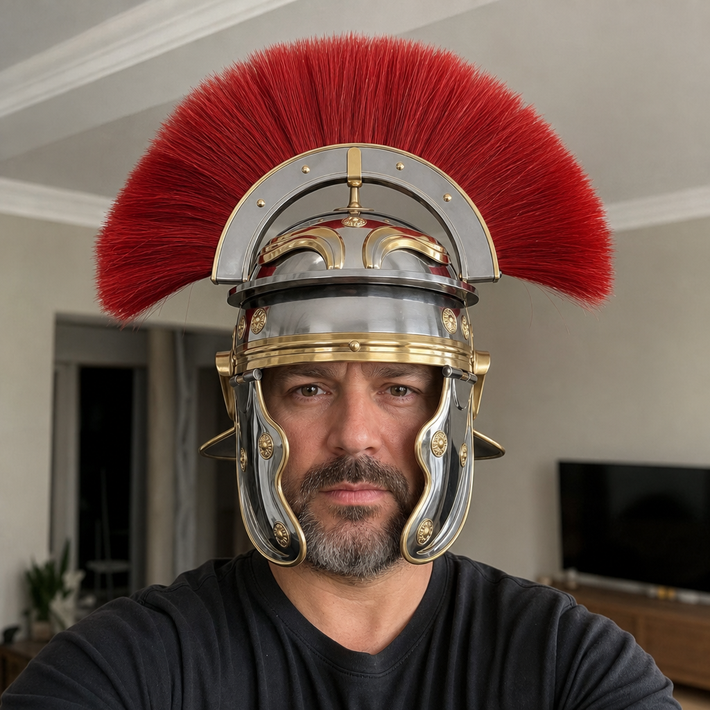 Roman Centurion Helmet Replica Handcrafted –18 Gauge Steel Helmet with Red Plume with Free Wooden Stand